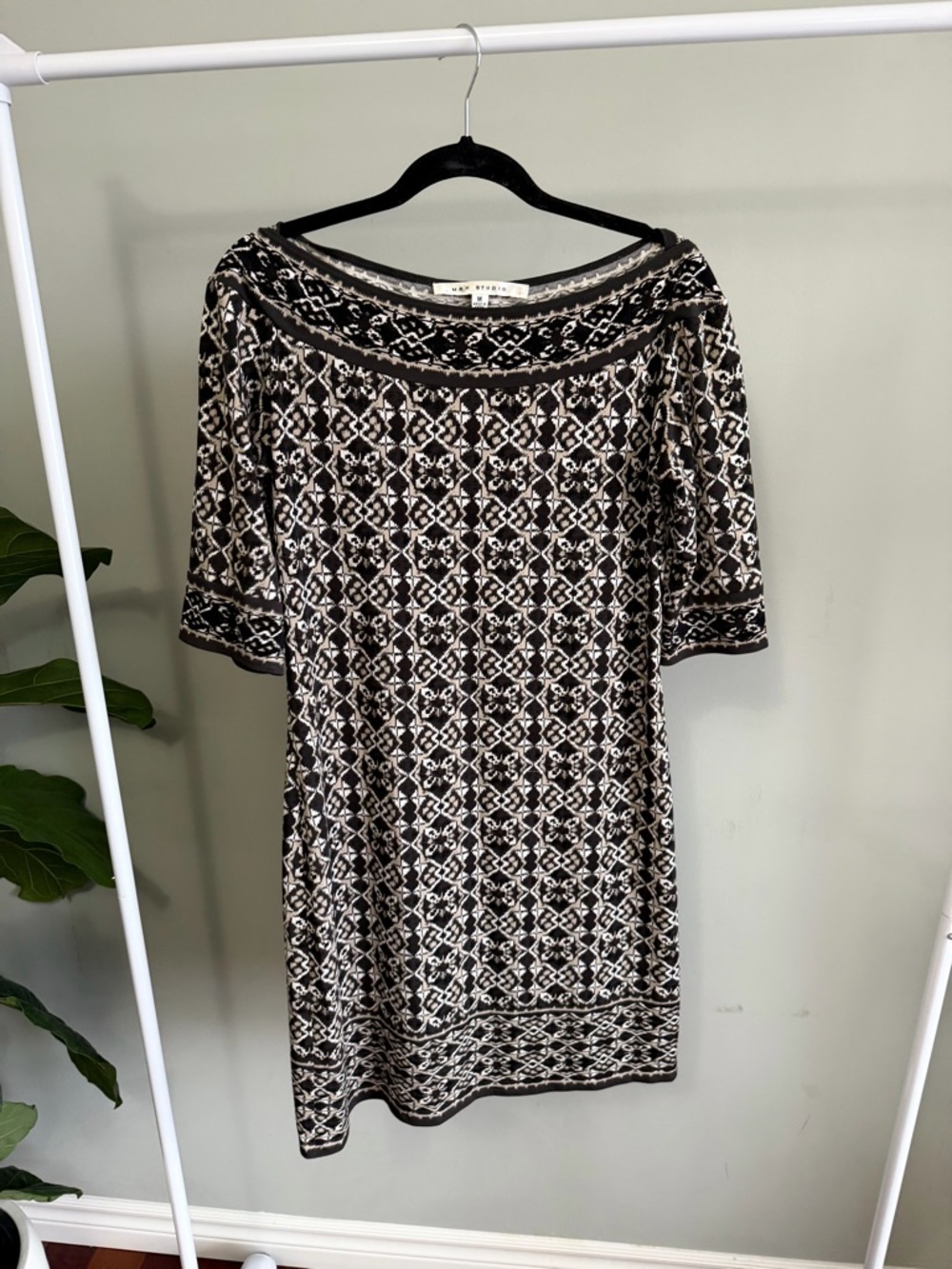 Max Studio Tribal 3/4 Sleeve Brown and Beige Patterned Dress Size M